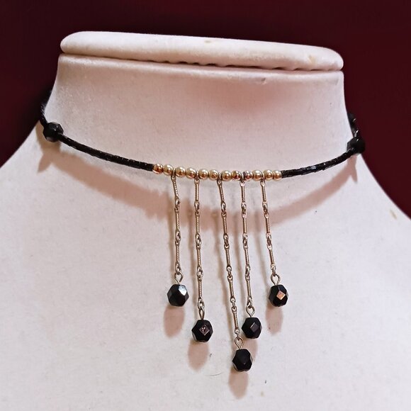 Handmade Black and Silver Beaded Fringe Choker Memory Wire Necklace - Picture 6 of 8